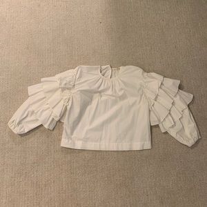 Ulla Johnson white blouse box neck with flutter long sleeves in size 2